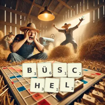 Kreative Illustration für ein Scrabble-Spiel, bei dem das Wort BÜSCHEL mit Steinen auf dem Brett gelegt wurde.
