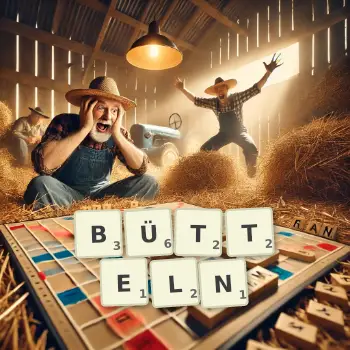 Kreative Illustration für ein Scrabble-Spiel, bei dem das Wort BÜTTELN mit Steinen auf dem Brett gelegt wurde.