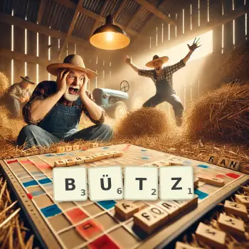 Kreative Illustration für ein Scrabble-Spiel, bei dem das Wort BÜTZ mit Steinen auf dem Brett gelegt wurde.