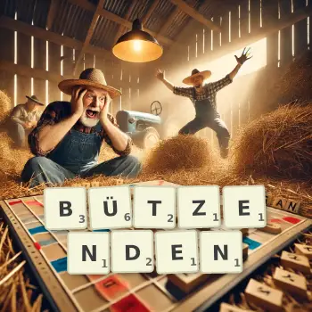 Kreative Illustration für ein Scrabble-Spiel, bei dem das Wort BÜTZENDEN mit Steinen auf dem Brett gelegt wurde.