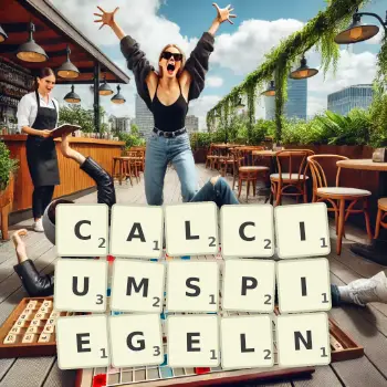 Kreative Illustration für ein Scrabble-Spiel, bei dem das Wort CALCIUMSPIEGELN mit Steinen auf dem Brett gelegt wurde.