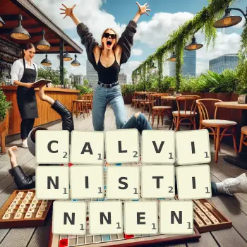 Kreative Illustration für ein Scrabble-Spiel, bei dem das Wort CALVINISTINNEN mit Steinen auf dem Brett gelegt wurde.