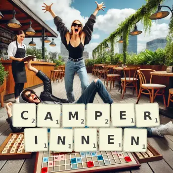 Kreative Illustration für ein Scrabble-Spiel, bei dem das Wort CAMPERINNEN mit Steinen auf dem Brett gelegt wurde.