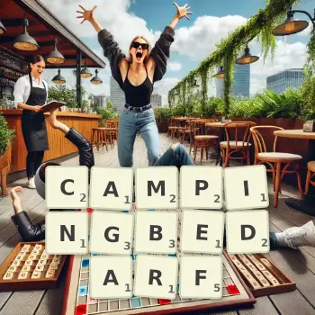 Kreative Illustration für ein Scrabble-Spiel, bei dem das Wort CAMPINGBEDARF mit Steinen auf dem Brett gelegt wurde.