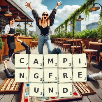 Kreative Illustration für ein Scrabble-Spiel, bei dem das Wort CAMPINGFREUND mit Steinen auf dem Brett gelegt wurde.