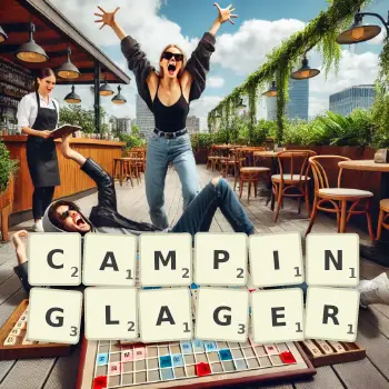 Kreative Illustration für ein Scrabble-Spiel, bei dem das Wort CAMPINGLAGER mit Steinen auf dem Brett gelegt wurde.