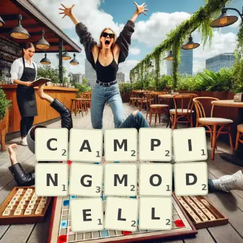 Kreative Illustration für ein Scrabble-Spiel, bei dem das Wort CAMPINGMODELL mit Steinen auf dem Brett gelegt wurde.