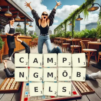 Kreative Illustration für ein Scrabble-Spiel, bei dem das Wort CAMPINGMÖBELS mit Steinen auf dem Brett gelegt wurde.