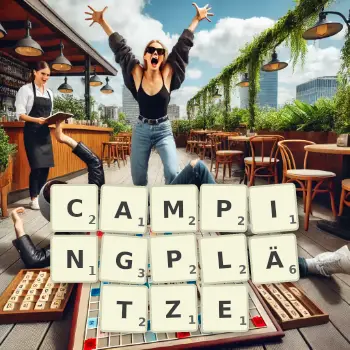 Kreative Illustration für ein Scrabble-Spiel, bei dem das Wort CAMPINGPLÄTZE mit Steinen auf dem Brett gelegt wurde.