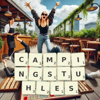 Kreative Illustration für ein Scrabble-Spiel, bei dem das Wort CAMPINGSTUHLES mit Steinen auf dem Brett gelegt wurde.