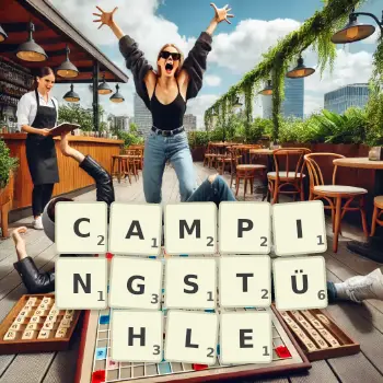 Kreative Illustration für ein Scrabble-Spiel, bei dem das Wort CAMPINGSTÜHLE mit Steinen auf dem Brett gelegt wurde.