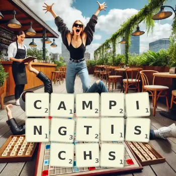 Kreative Illustration für ein Scrabble-Spiel, bei dem das Wort CAMPINGTISCHS mit Steinen auf dem Brett gelegt wurde.