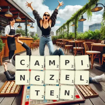 Kreative Illustration für ein Scrabble-Spiel, bei dem das Wort CAMPINGZELTEN mit Steinen auf dem Brett gelegt wurde.