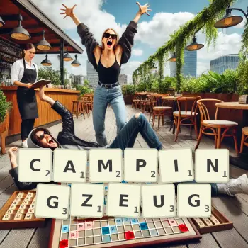 Kreative Illustration für ein Scrabble-Spiel, bei dem das Wort CAMPINGZEUG mit Steinen auf dem Brett gelegt wurde.