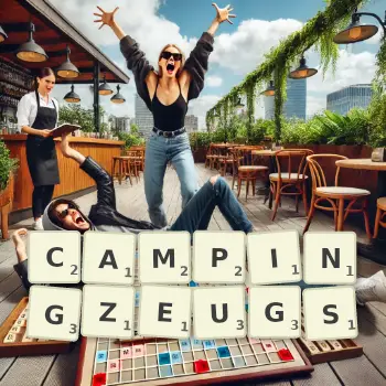 Kreative Illustration für ein Scrabble-Spiel, bei dem das Wort CAMPINGZEUGS mit Steinen auf dem Brett gelegt wurde.