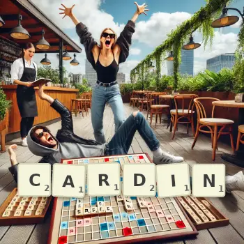 Kreative Illustration für ein Scrabble-Spiel, bei dem das Wort CARDIN mit Steinen auf dem Brett gelegt wurde.