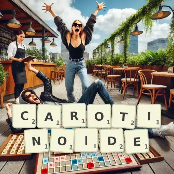 Kreative Illustration für ein Scrabble-Spiel, bei dem das Wort CAROTINOIDE mit Steinen auf dem Brett gelegt wurde.