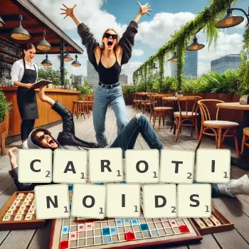 Kreative Illustration für ein Scrabble-Spiel, bei dem das Wort CAROTINOIDS mit Steinen auf dem Brett gelegt wurde.