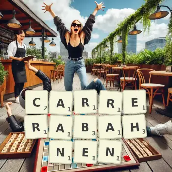 Kreative Illustration für ein Scrabble-Spiel, bei dem das Wort CARRERABAHNEN mit Steinen auf dem Brett gelegt wurde.