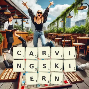 Kreative Illustration für ein Scrabble-Spiel, bei dem das Wort CARVINGSKIERN mit Steinen auf dem Brett gelegt wurde.