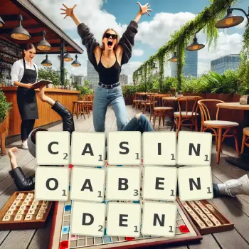 Kreative Illustration für ein Scrabble-Spiel, bei dem das Wort CASINOABENDEN mit Steinen auf dem Brett gelegt wurde.
