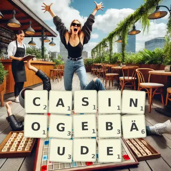 Kreative Illustration für ein Scrabble-Spiel, bei dem das Wort CASINOGEBÄUDE mit Steinen auf dem Brett gelegt wurde.