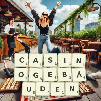 Kreative Illustration für ein Scrabble-Spiel, bei dem das Wort CASINOGEBÄUDEN mit Steinen auf dem Brett gelegt wurde.