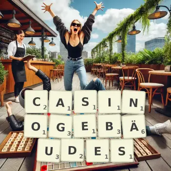 Kreative Illustration für ein Scrabble-Spiel, bei dem das Wort CASINOGEBÄUDES mit Steinen auf dem Brett gelegt wurde.