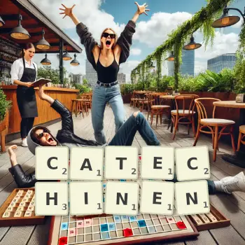 Kreative Illustration für ein Scrabble-Spiel, bei dem das Wort CATECHINEN mit Steinen auf dem Brett gelegt wurde.