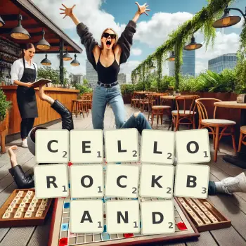 Kreative Illustration für ein Scrabble-Spiel, bei dem das Wort CELLOROCKBAND mit Steinen auf dem Brett gelegt wurde.