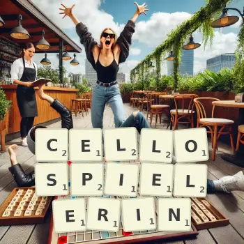 Kreative Illustration für ein Scrabble-Spiel, bei dem das Wort CELLOSPIELERIN mit Steinen auf dem Brett gelegt wurde.