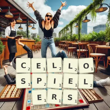 Kreative Illustration für ein Scrabble-Spiel, bei dem das Wort CELLOSPIELERS mit Steinen auf dem Brett gelegt wurde.