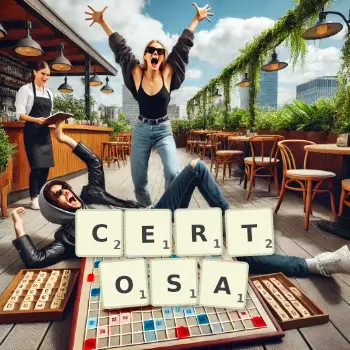 Kreative Illustration für ein Scrabble-Spiel, bei dem das Wort CERTOSA mit Steinen auf dem Brett gelegt wurde.