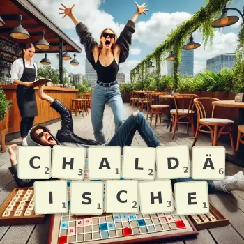 Kreative Illustration für ein Scrabble-Spiel, bei dem das Wort CHALDÄISCHE mit Steinen auf dem Brett gelegt wurde.