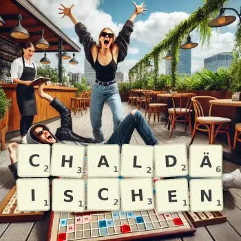 Kreative Illustration für ein Scrabble-Spiel, bei dem das Wort CHALDÄISCHEN mit Steinen auf dem Brett gelegt wurde.