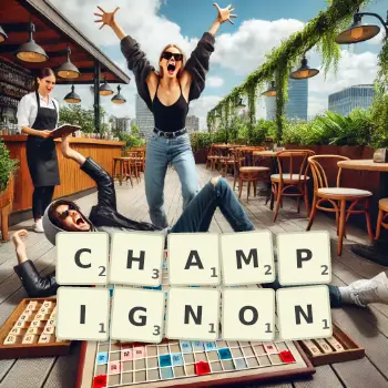 Kreative Illustration für ein Scrabble-Spiel, bei dem das Wort CHAMPIGNON mit Steinen auf dem Brett gelegt wurde.