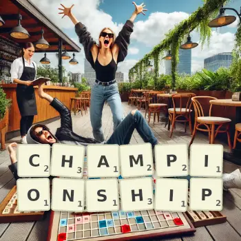 Kreative Illustration für ein Scrabble-Spiel, bei dem das Wort CHAMPIONSHIP mit Steinen auf dem Brett gelegt wurde.
