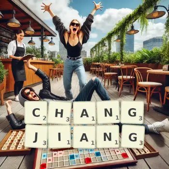 Kreative Illustration für ein Scrabble-Spiel, bei dem das Wort CHANGJIANG mit Steinen auf dem Brett gelegt wurde.