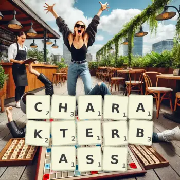 Kreative Illustration für ein Scrabble-Spiel, bei dem das Wort CHARAKTERBASS mit Steinen auf dem Brett gelegt wurde.