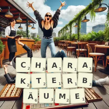 Kreative Illustration für ein Scrabble-Spiel, bei dem das Wort CHARAKTERBÄUME mit Steinen auf dem Brett gelegt wurde.