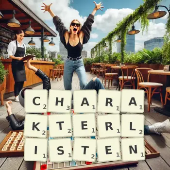 Kreative Illustration für ein Scrabble-Spiel, bei dem das Wort CHARAKTERLISTEN mit Steinen auf dem Brett gelegt wurde.