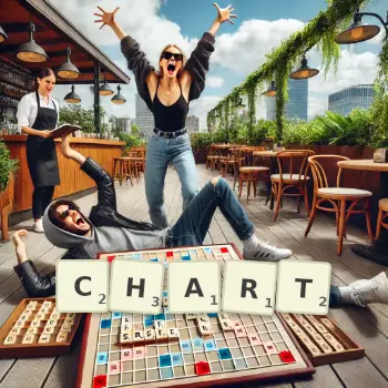 Kreative Illustration für ein Scrabble-Spiel, bei dem das Wort CHART mit Steinen auf dem Brett gelegt wurde.