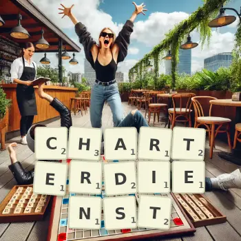 Kreative Illustration für ein Scrabble-Spiel, bei dem das Wort CHARTERDIENST mit Steinen auf dem Brett gelegt wurde.