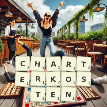 Kreative Illustration für ein Scrabble-Spiel, bei dem das Wort CHARTERKOSTEN mit Steinen auf dem Brett gelegt wurde.