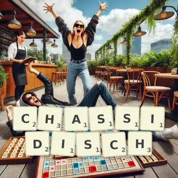 Kreative Illustration für ein Scrabble-Spiel, bei dem das Wort CHASSIDISCH mit Steinen auf dem Brett gelegt wurde.