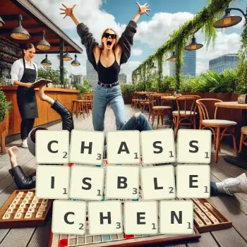 Kreative Illustration für ein Scrabble-Spiel, bei dem das Wort CHASSISBLECHEN mit Steinen auf dem Brett gelegt wurde.