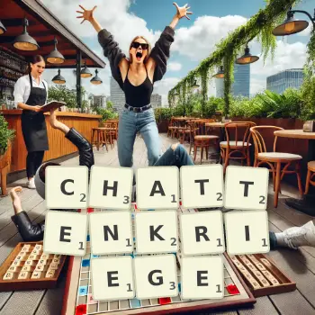 Kreative Illustration für ein Scrabble-Spiel, bei dem das Wort CHATTENKRIEGE mit Steinen auf dem Brett gelegt wurde.