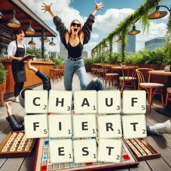 Kreative Illustration für ein Scrabble-Spiel, bei dem das Wort CHAUFFIERTEST mit Steinen auf dem Brett gelegt wurde.