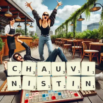 Kreative Illustration für ein Scrabble-Spiel, bei dem das Wort CHAUVINISTIN mit Steinen auf dem Brett gelegt wurde.