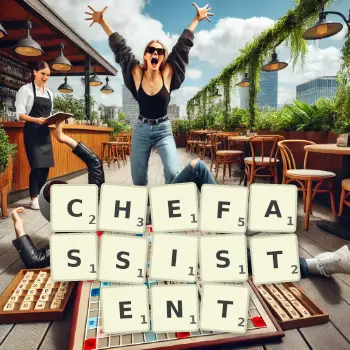 Kreative Illustration für ein Scrabble-Spiel, bei dem das Wort CHEFASSISTENT mit Steinen auf dem Brett gelegt wurde.